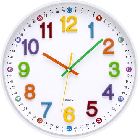 Kids Wall Clock Silent Vintage 30cm Large Battery Easy Read Wall Clock for Bedroom, Home, Kitchen, Bedroom, Office, School (White - 3D Numbers) (1/5)