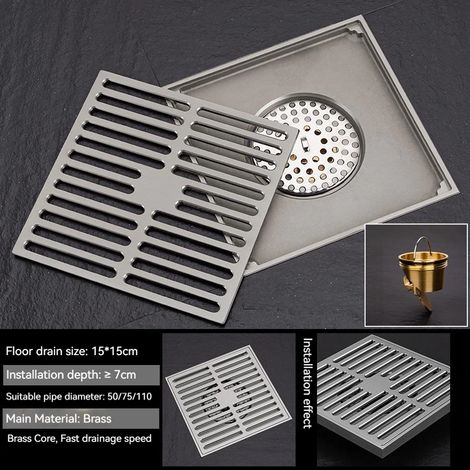 (15X15 Brushed Silver)Brass Square Floor Drain, Size: 12CMX12CM 15X15CM, could used in bathroom, terrace, outdoor and etc. (1/4)