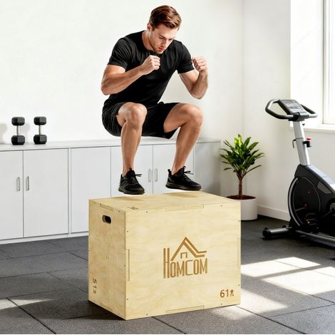 Box pliométrique 3 en 1 76x51x61 cm en bois naturel, modulable, pour fitness, FloraGrace (1/5)