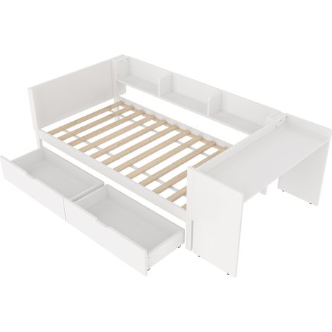 Lit plateforme en bois, 90x200 cm, avec bureau, équipé de 2 tiroirs, lit simple (sans matelas), avec étagères, pin+aggloméré, blanc (1/5)