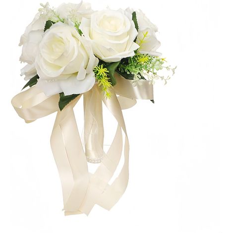Brautstrauß, Champagner-Brautstrauß aus weißen Rosen, Brautstrauß aus Bändern, künstlicher Hochzeitsblumenstrauß (1/5)