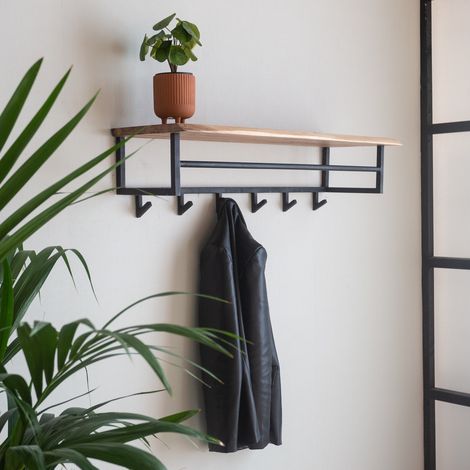 Industriegarderobe Niels 6 Haken Akazienholz - Mit Hutablage