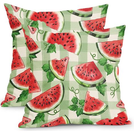Dekorativer Kissenbezug im Retro-Landhausstil mit rot-grünen Karos und Wassermelonenmuster, maschinenwaschbar, für Sofa oder Bett, 50 x 50 cm, 2er-Set.