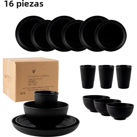 (Noir) Ensemble de couverts portables de style campagnard de 16 pièces, comprenant un couteau, une fourchette et une cuillère, fabriqué en plastique écologique. (1/5)