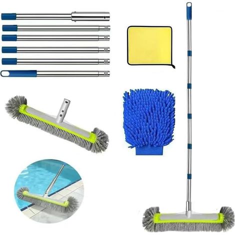 Brosse de piscine avec tige télescopique 230 cm, brosse de nettoyage de piscine 45 cm, balai de piscine avec tige en acier inoxydable réglable en longueur, brosse de nettoyage de piscine (1/5)