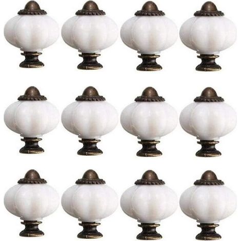 Set aus 12 weißen Vintage-Keramik-Türknöpfen (30 mm) für Möbel, inklusive 12 Schrauben. (1/4)
