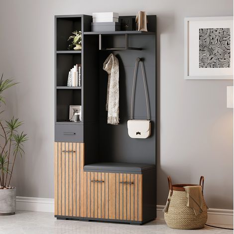 MODFU – Vestiaire d'entrée 80x35x175 cm panneaux – Banc, 2 armoires, tiroir et 5 niches – Charge 80 kg, 2 colis – Entrée – Noir et bois naturel (1/5)
