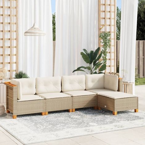 Ensemble de Salon Jardin 5 pièces en Résine Tressée Beige avec Coussins Crème, Modulaire, Matériau Durable, Capacité 110kg, Jusqu'à 6 Places (1/5)