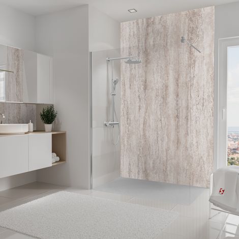 Schulte panneau mural 150x255 cm, revêtement pour douche et salle de bains, placement facile, DécoDesign DÉCOR, travertin beige-structuré
