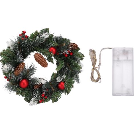Couronne Noël artificielle pré-éclairée verte – Décorée pommes pin baies givrées branches lumière chaude 15,75in, décoration (1/5)