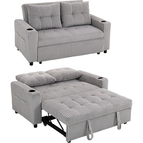 2 Seater Click Clack Sofa Bed with Pull Out Design, Corduroy Upholstery - Light Grey (1/5)