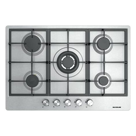 SILVERLINE AS5444X01 Table de cuisson à gaz 5 feux encastrable Largeur 75 cm Grilles en fonte Couleur Inox
