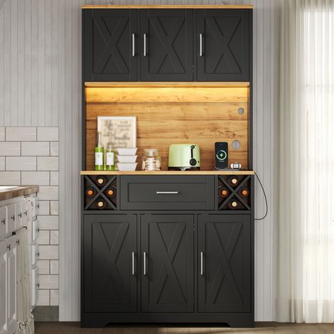 Buffet de cuisine 105x40x180 cm meuble de rangement avec LED RGB prises et ports USB range-bouteilles amovible tiroir et portes style grange MDF Noir (1/5)