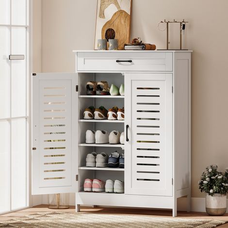 Meuble à chaussures 20 paires. armoire à chaussures avec 2 portes persiennes. tiroir et étagères réglables. blanc (1/5)