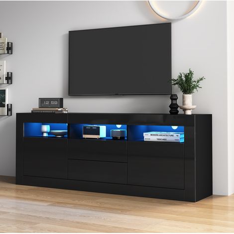 Meuble TV 160 x 35 x 60 cm avec LED, 3 niches, 2 portes, 2 tiroirs, noir DESVIAE (1/5)