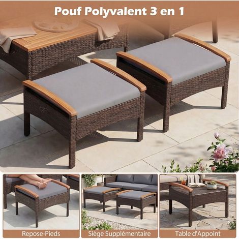 Salon de jardin gris 5 pièces en résine tressée avec 2 fauteuils, 2 poufs et table en acacia (1/5)
