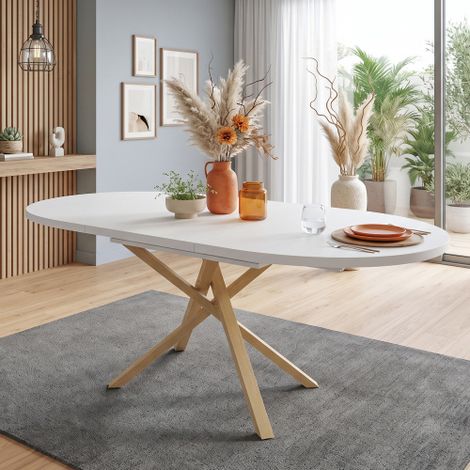 Table de salle à manger extensible (100/140 × 100 cm), pour 4 à 6 personnes plateau rond et piètement croisé style minimaliste adapté aux salles à manger, cuisines et espaces de vie finition combin (1/5)