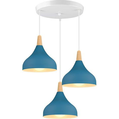 3 Lampes Suspension Luminaire Rétro E27 Lustre Suspension Moderne Style Goutte Chapeau Plafonnier Métal Bois Lampe de Plafond pour Salle à Manger Salon Cuisine, Ø 20CM (Bleu Oxford, Barre) (1/5)