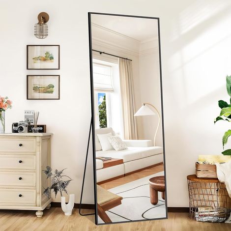 Miroir sur Pied, Grand Miroir Mural avec Cadre en Aluminium 161 x 52 cm, Miroir sur Pied Penché ou Suspendu pour Salon, Chambre, Entrée, Noir (1/5)