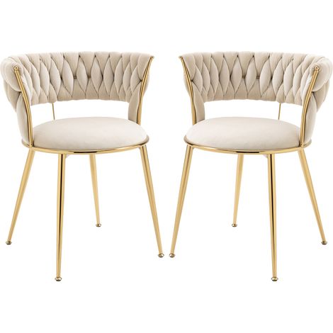 Juego de 2 sillas de comedor de terciopelo marfil con reposabrazos y patas doradas MODENUIT (1/5)