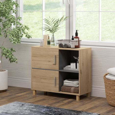 Meuble de salle de bain, meuble de rangement avec compartiments ouverts et placard, dim. 80 x 35 x 70 cm, bois naturel (1/5)