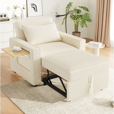 Canapé-lit 1 place 93x150x85 cm beige en velours côtelé avec USB, Type-C, table d’appoint et dossier réglable (1/5)