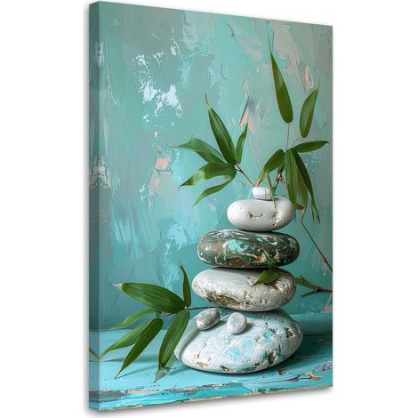 Tableau déco Pierres zen spa feuilles dans des tons turquoise 60x90 (1/4)