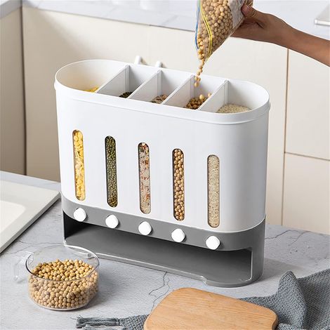 Cerealienspender Müslispender Küchen Organizer mit 5 Fächern, Cornflakesspender Lebensmittelspender BPA-frei, Doppel-Spender für Müsli, Cornflakes, Cerealien, Reis (1/5)