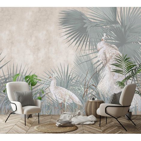 Vlies Fototapete Blätter 150x105 cm, Tapeten, für Wohn und Schlafzimmer, Vliestapete Wandtapete Tapete 3D Effekt- inkl. Kleister - Vögel tropisch botanisch Natur, WallArena (1/4)