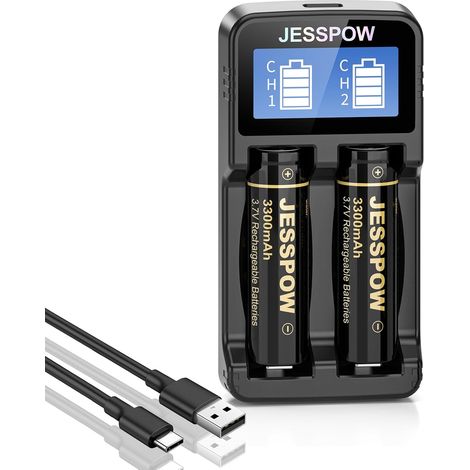 Piles Rechargeables 3.7V avec Chargeur,3300 mAh Batterie à Dessus Plat Haute Capacité pour Lampes de Poche, Lampe Fronta (Lot De 2, 18 x 65mm) (1/4)