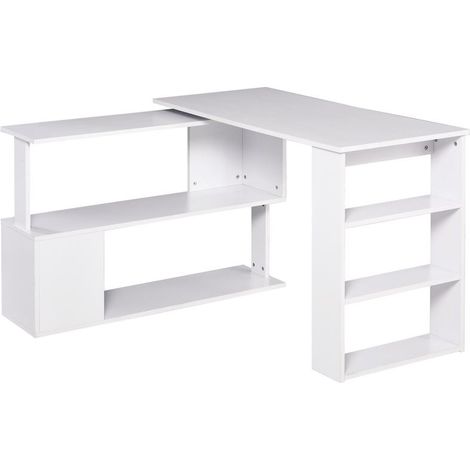 Bureau d'angle en L blanc pivotant 120x110 cm avec étagères, pour domicile et étude, design modulable pratique
