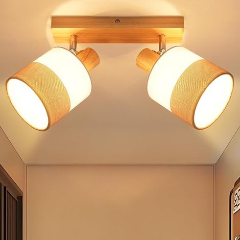 ZMH Plafonnier LED 2 Flammes Spot de Plafond Bois Culot E14 Vintage Tissu Orientable 350° Rétro Projecteur MAX 25W Pour Chambre à coucher Cuisine Sans Ampoule