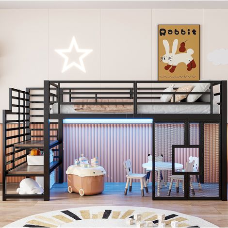 Lit mezzanine 90 x 200 cm en métal et MDF, avec escalier, rangements, LED et fenêtres noir HAVRYA (1/5)