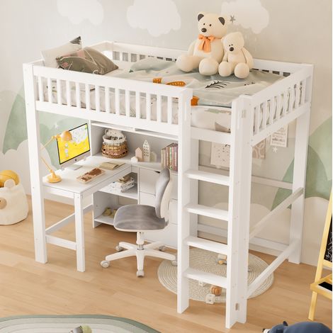 Lit mezzanine moderne en pin blanc 90x200 cm avec bureau, 3 tiroirs, rangements ouverts et échelle (1/5)