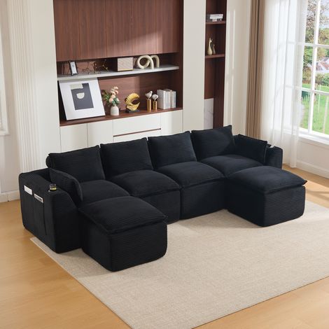 Grand Canapé modulable 4 places avec 2 poufs,coussins,porte-gobelets et poches latérales,Velours côtelé noir,322x161x75cm