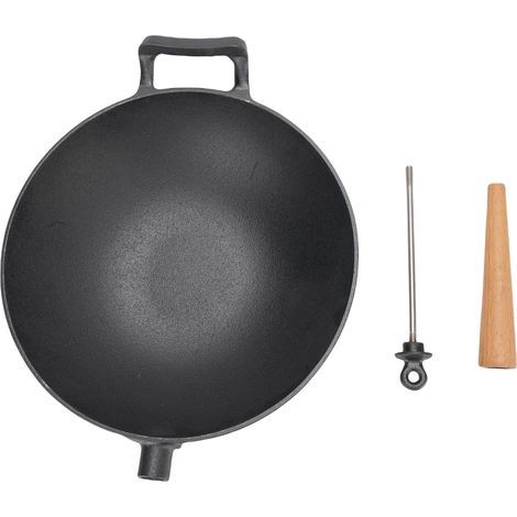 Multifunctional cast iron wok pan with wooden handle, suitable for induction cooktops, ceramic electric cooktops, gas cooktops, and open flames