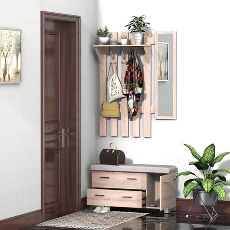 Ensemble de meubles 3 en 1 avec armoire, miroir et étagère à chaussures pour entrée, panneaux de particules, 90 x 21,5 x 116 cm, chêne
