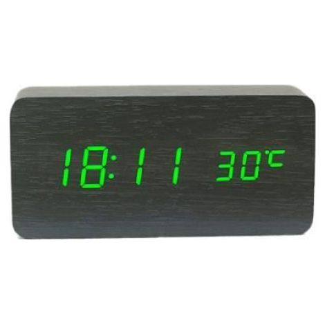 Réveil Numérique - Écran LED Vert - Luminosité Automatique - Radio FM - Design Bois Noir - 1 Pièce (1/4)