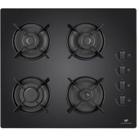 Continental Edison – Plaque de cuisson gaz 4 foyers – Surface en verre trempé noir – Allumage électronique – Dimensions 59,4 cm x 52,3 cm (1/4)
