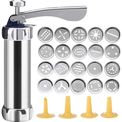 Kekspresse aus Aluminium, Cookie Press Set, Keksmaschine, Gebäckpresse mit 20 Aufsätzen für dünnen Teig, Edelstahl, Silber (1/5)