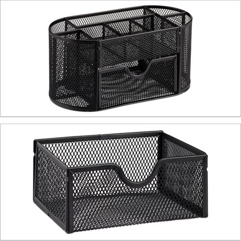 Organizer da scrivania rete metallica portaoggetti 10,5 x 22 x 11 cm con cassetto estraibile stile moderno in metallo nero 130005348