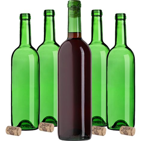 Botella de vino, capacidad de 750 ml, material de vidrio, tapón de corcho, 30 cm de altura, paquete de 30 (1/5)