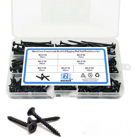 220-teiliges Set schwarz plus kreuzförmige, flache, selbstschneidende Senkkopfschraube, Gipsholzschrauben, Trockenbaunägel