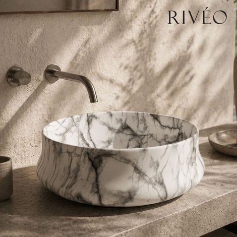 Vasque à poser ronde blanche effet marbre Ø45,5 x 15,5 cm en céramique avec bonde incluse - Rivéo
