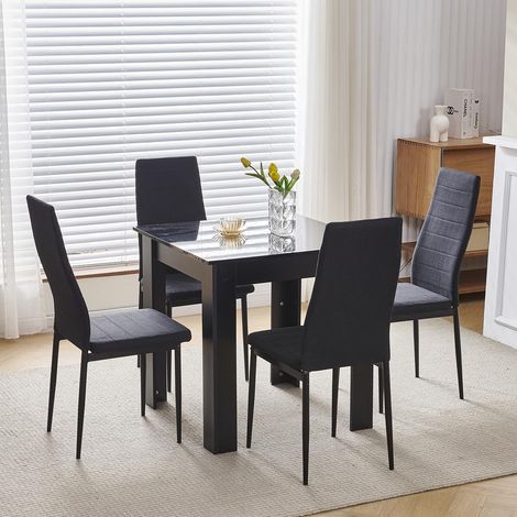 75x75cm Square Dining Table and Chairs Set, Small Dining Room Set High Gloss Dining Table with Chairs Home Furniture (Black Linen, Black Table with 4 Chairs)