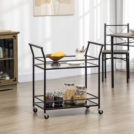 Chariot de service 75/40/80 cm noir avec 2 plateaux en verre et roulettes, pratique et polyvalent (1/5)
