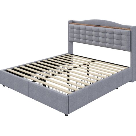 Letto imbottito 160 x 200 cm grigio in lino con USB, mensola testiera e 4 cassetti (1/5)