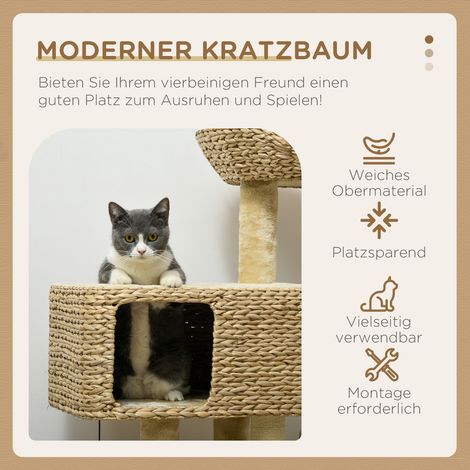 Arbre à chat avec 1 cachette, 1 coussin moelleux, 1 tapis antidérapant, 1 plateforme, 60 x 40 x 98 cm, bois naturel et beige (1/4)