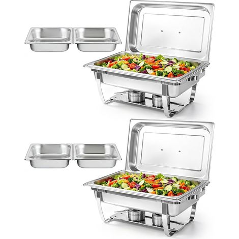 2PCS Chafing Dishes Buffet 9L rectangulaires à Couvercle Roulant  Bain Marie [2 bacs Pleine Taille + 4 Demi-bacs] Chauffe Plats pour fêtes, Anniversaires, événements paroissiaux (1/5)