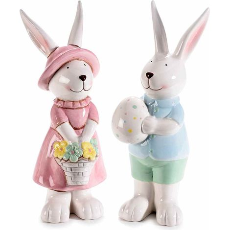 Conigli Decorativi per la Pasqua Set 2 di Conigli Pasquali in Ceramica Colorata Fatti a Mano Idea Regalo (1/3)